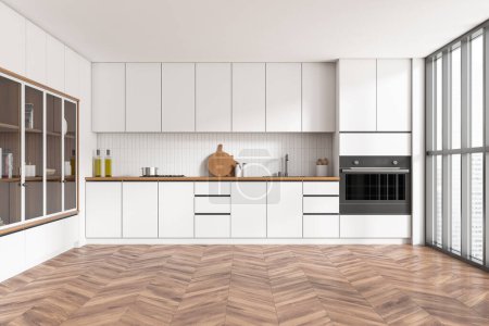 Photo for White kitchen interior with cooking appliances, kitchenware and shelves with stylish decoration, hardwood floor. Panoramic window on skyscrapers. 3D rendering - Royalty Free Image