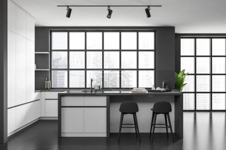 Photo for Front view on dark kitchen room interior with panoramic window with Singapore skyscraper view, grey wall, concrete floor, island, barstool, sink, coffee machine. Minimalist design. 3d rendering - Royalty Free Image