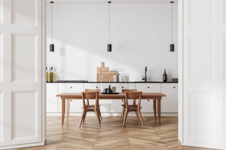 Téléchargez les photos : Intérieur de cuisine blanche avec table à manger et chaises, commode avec ustensiles de cuisine sur plancher de bois franc. Portes de moulage menant à l'espace de cuisson avec des meubles modernes. rendu 3D - en image libre de droit