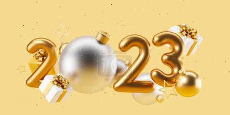 Téléchargez les photos : 2023 année et décoration d'arbre de Noël sur fond jaune. Coffrets cadeaux avec ruban et confettis dorés. Concept de vacances. rendu 3D - en image libre de droit