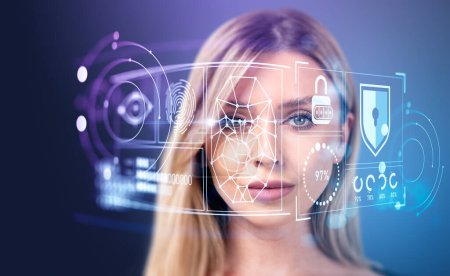 Retrato de mujer de negocios y escaneo biométrico con reconocimiento facial, hud holograma digital con huella digital y candado con estadísticas. Concepto de autorización