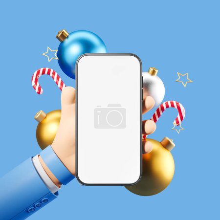 Foto de Mano de dibujos animados sosteniendo el teléfono con pantalla vacía simulada. Bolas coloridas del árbol de Navidad y bastones de caramelo sobre fondo azul. Concepto de aplicación móvil. Renderizado 3D - Imagen libre de derechos