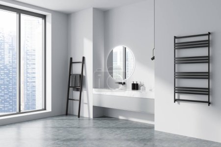 Photo for Corner view on bright bathroom interior with sink, round mirror, white walls, concrete floor, towel, liquid soap, panoramic window with Singapore city skyscrapers. 3d rendering - Royalty Free Image