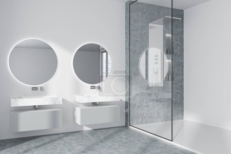 Téléchargez les photos : Intérieur salle de bain blanche avec double lavabo, cloison vitrée avec douche et terrasse avec accessoires. Coin de bain moderne avec sol en béton gris. rendu 3D - en image libre de droit