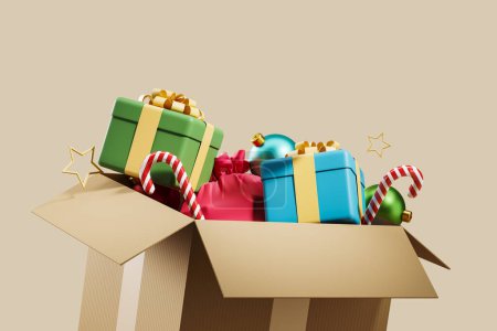 Foto de Paquete de cartón abierto con coloridas cajas de regalo, bastones de caramelo y bolas de árbol de Navidad sobre fondo beige. Concepto de accesorios y compras. Renderizado 3D - Imagen libre de derechos