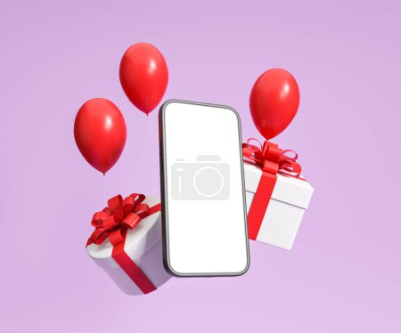 Photo for Phone mock up empty display, gift boxes wrapped with red ribbons flying with helium balloons on purple background. Concept of holiday and present. 3D rendering - Royalty Free Image