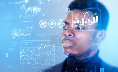 Photo for Black businessman pensive portrait, double exposure virtual screen with forex and stock market graph charts. Concept of financial data - Royalty Free Image