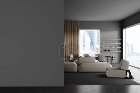 Photo for Front view on dark living room interior with empty grey wall, sofa, armchair, dining table, chairs, concrete floor, panoramic window with skyscrapers view. Concept of minimalist design. 3d rendering - Royalty Free Image