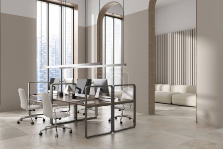 Photo for Corner view on bright office room interior with panoramic windows with skyscrapers view, desk, computer, sofa, armchair, arches, concrete tile floor. Concept of place for working process. 3d rendering - Royalty Free Image