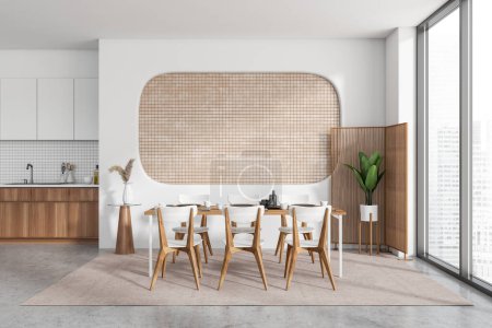 Photo for White kitchen interior with dining table and chairs, cooking area with kitchenware and panoramic window on skyscrapers. Copy space empty tile wall. 3D rendering - Royalty Free Image