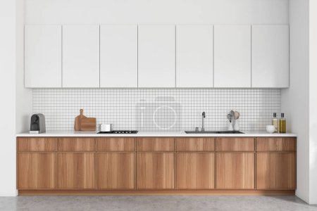 Photo for Front view on bright kitchen room interior with white tile wall, concrete floor, sink, gas cooker, oil, spoons, pot, coffee machine. Concept of minimalist design. 3d rendering - Royalty Free Image