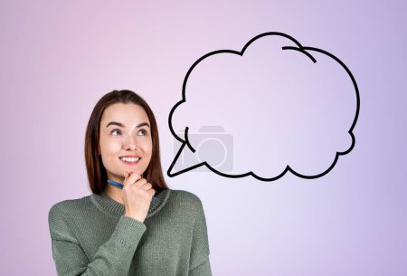 Photo for Happy and inspired woman with look up and hand to chin, copy space empty speech bubble on lilac background. Concept of thoughts - Royalty Free Image