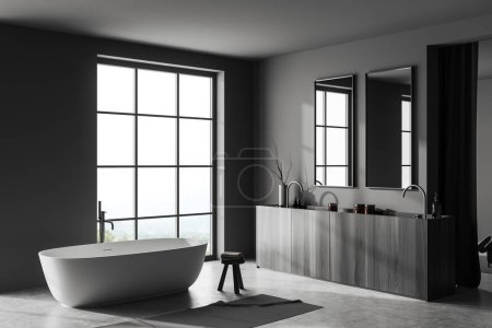 Photo for Corner view on dark bathroom interior with bathtub, double sink, two mirrors, panoramic window with countryside view, stool with towels, grey walls, arch with curtain, concrete floor. 3d rendering - Royalty Free Image