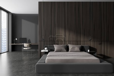 Photo for Front view on dark bedroom interior with bed, grey wall, wardrobe, desk with desktop, armchair, concrete floor, panoramic window with Singapore city view. Concept of minimalist design. 3d rendering - Royalty Free Image