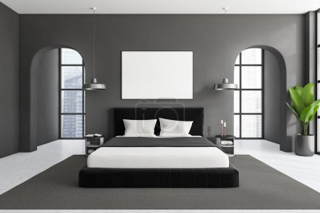 Photo for Front view on dark bedroom interior with empty white poster, bed, panoramic window with Singapore city skyscrapers view, bedsides, grey walls, two arches, carpet, concrete floor. Mock up. 3d rendering - Royalty Free Image