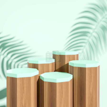 Photo for Row of different wooden podium with green top, palm shadow on background. Mockup for product display and promotion. 3D rendering - Royalty Free Image