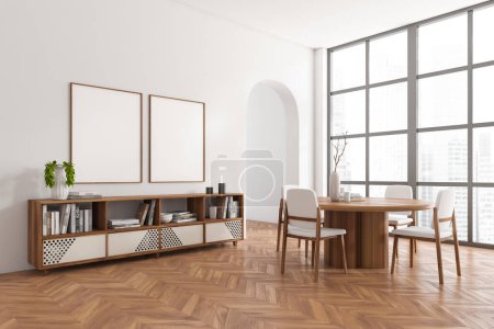 Photo for Corner view on bright dining room interior with two empty white posters, dining table, chairs, wooden floor, panoramic window with Singapore view, two arches. Minimalist design. Mock up. 3d rendering - Royalty Free Image