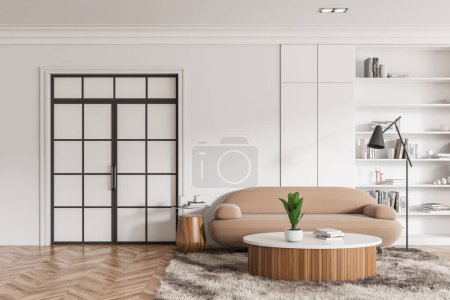 Photo for White living room interior with sofa with coffee table on carpet, hardwood floor. Chill space with soft place and minimalist library with decoration on shelf. 3D rendering - Royalty Free Image