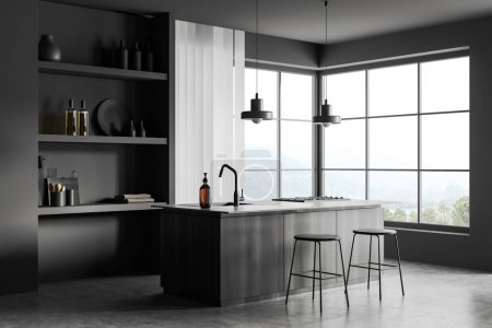 Photo for Dark kitchen interior with bar island and stool, side view grey concrete floor. Sink and stove, minimalist shelf with kitchenware. Panoramic window on countryside. 3D rendering - Royalty Free Image
