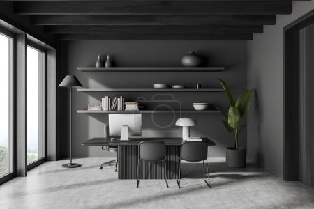 Photo for Dark consulting interior with pc computer and work desk on grey concrete floor. Minimalist stylish shelf with art decoration and panoramic window on countryside. 3D rendering - Royalty Free Image