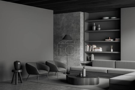 Foto de Vista de esquina en el interior de la sala de estar oscura con la pared gris vacía, sofá, sillones, mesa de centro con vajilla, estanterías, suelo de hormigón, jarrón. Concepto de diseño minimalista. renderizado 3d - Imagen libre de derechos