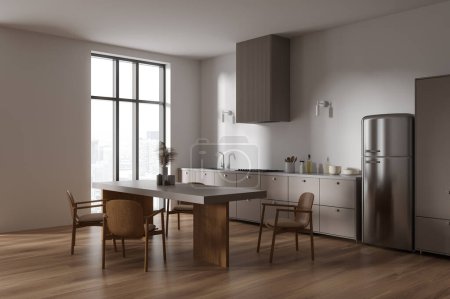 Téléchargez les photos : Élégant intérieur de cuisine maison avec table et chaises, coin cuisine avec armoire, réfrigérateur et ustensiles de cuisine. Fenêtre panoramique sur les gratte-ciel de Paris. rendu 3D - en image libre de droit