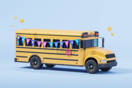 Foto de Vista de autobús escolar de color amarillo brillante con colorido de vuelta a la escuela signo sobre fondo azul. Concepto de educación y conocimiento. Primaria, secundaria y secundaria. renderizado 3d - Imagen libre de derechos