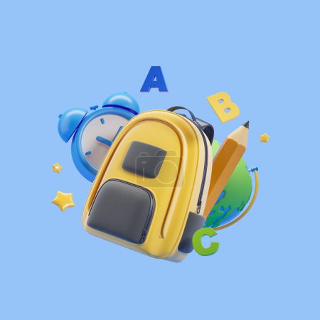 Photo for Cartoon backpack with books and abc floating on blue background. Alarm clock, earth globe and stars. Concept of education, lessons and back to school. 3D rendering illustration - Royalty Free Image