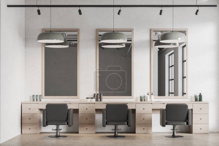 Interior of modern barber shop in loft style with white walls, concrete floor, row of three barber chairs and vertical mirrors. Wooden counter for hairdressing equipment. 3d rendering