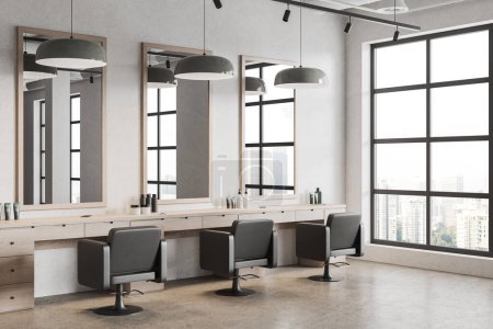 Photo for White minimalist barbershop interior with dresser and armchairs in row, side view concrete floor. Minimalist accessories and lamps, panoramic window on city skyscrapers. 3D rendering - Royalty Free Image