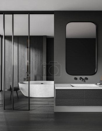 Téléchargez les photos : Élégant intérieur de salle de bain avec lavabo et vanité avec miroir, baignoire en pierre blanche avec accessoires derrière des portes vitrées. Espace de baignade confortable dans un appartement moderne. rendu 3D - en image libre de droit