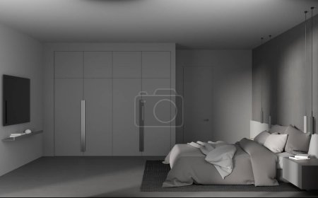 Foto de Dormitorio oscuro cama interior y pantalla de televisión en la pared, mesita de noche con libros y alfombra en piso de hormigón gris. Espacio relajante en el estudio del hotel con puerta invisible. Renderizado 3D - Imagen libre de derechos
