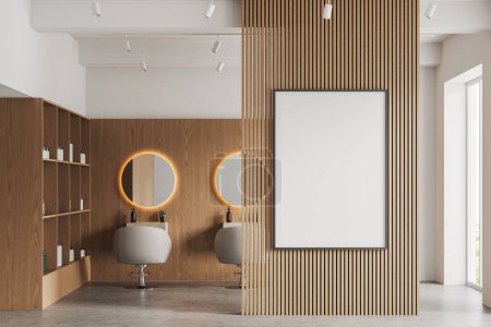 Photo for Interior of modern beauty salon with white and wooden walls, concrete floor, row of white chairs with round mirrors and shelves with beauty products. Vertical mock up poster. 3d rendering - Royalty Free Image