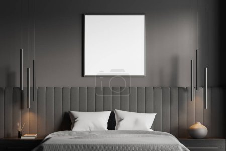 Photo for Interior of stylish bedroom with gray walls, comfortable king size bed with two dark wooden nightstands and square mock up poster hanging above bed. 3d rendering - Royalty Free Image