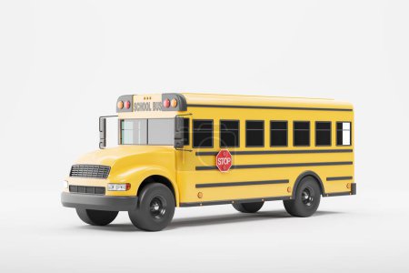 Téléchargez les photos : Autocar scolaire jaune classique avec stop rouge, vue latérale. Bus pour enfants sur fond blanc vide. Concept d'éducation et de transport. Illustration de rendu 3D - en image libre de droit