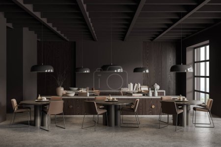 Photo for Interior of stylish cafe with gray and dark wooden walls, concrete floor, round tables with comfortable beige chairs and cabinets with books standing on them. 3d rendering - Royalty Free Image