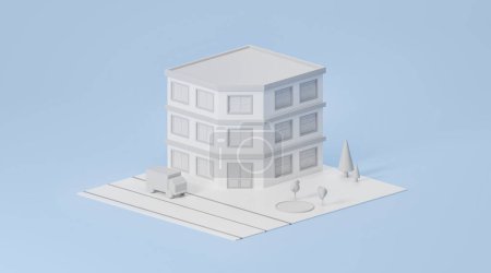 Foto de Vista del edificio modelo blanco maniquí con carretera, camión y algunos árboles. Concepto de arquitectura, diseño y construcción de edificios industriales. renderizado 3d - Imagen libre de derechos