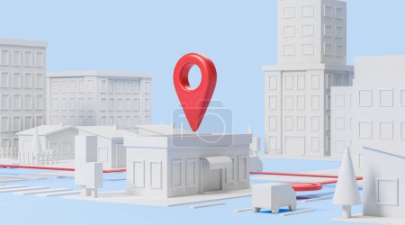 Foto de Mapa de la ciudad con edificios abstractos y furgoneta de reparto en ruta, gran geo tag rojo sobre fondo azul. Concepto de taxi, conducción y correo postal. Ilustración de representación 3D - Imagen libre de derechos