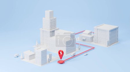 Photo for City map with abstract buildings and red geo tag with route calculation. Concept of taxi, driving and traffic route direction. 3D rendering illustration - Royalty Free Image