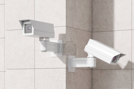 Téléchargez les photos : Deux caméras de sécurité CCTV montées sur mur de tuiles de béton blanc, équipement vidéo pour l'extérieur. Concept de surveillance, de contrôle et de suivi. Illustration de rendu 3D - en image libre de droit