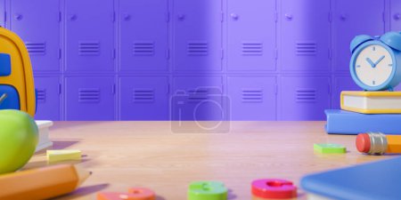 Foto de Taquillas de dibujos animados violeta en fila con simulacro de espacio de copia para la visualización del producto. Concepto de educación, vuelta a la escuela y aprendizaje. Ilustración de representación 3D - Imagen libre de derechos