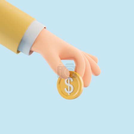 Photo for Cartoon character man hand holding a gold dollar coin, light blue background. Concept of money, investment, payment, deposit and income. 3D rendering illustration - Royalty Free Image