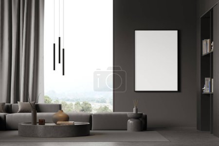 Photo for Grey home living room interior with sofa and coffee table, bookshelf and art decoration. Relaxing space with panoramic window. Mock up canvas poster. 3D rendering - Royalty Free Image
