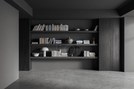 Photo for Interior of comfortable home library in minimalistic style with gray walls, concrete floor, long bookshelves with books, vases and round mirror standing on them. 3d rendering - Royalty Free Image