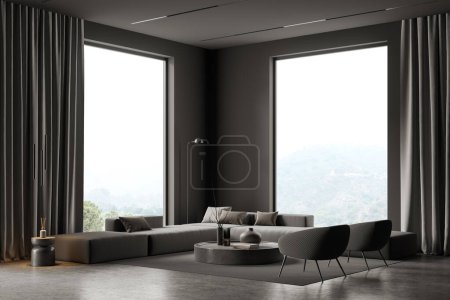 Foto de Interior de la elegante sala de estar con paredes grises, suelo de hormigón, dos cómodos sofás grises, acogedores sillones de pie cerca de la mesa redonda y grandes ventanales con cortinas. renderizado 3d - Imagen libre de derechos