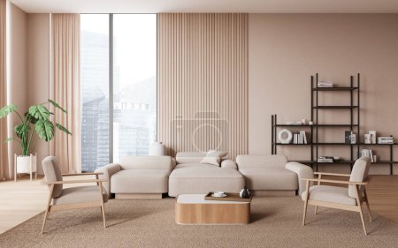 Foto de Interior de la moderna sala de estar con paredes de color beige y madera, suelo de madera, cómodo sofá beige y dos sillones de pie cerca de la mesa de centro y estanterías en el fondo. renderizado 3d - Imagen libre de derechos