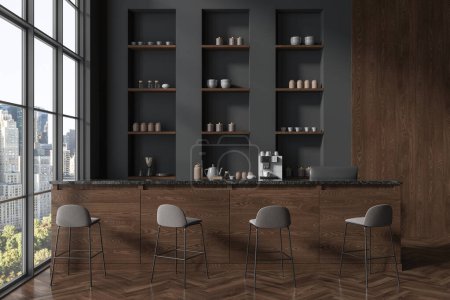 Foto de Interior de barra de madera oscura con taburete en fila y encimera, piso de madera. Menaje de cocina minimalista y cafetera, comedor con ventana panorámica a los rascacielos de Nueva York. Renderizado 3D - Imagen libre de derechos