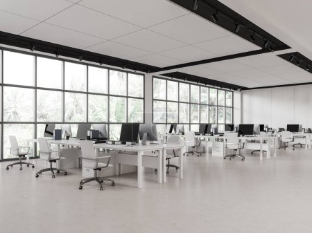 Photo for Cozy coworking interior with armchairs and pc computer on work desk in row, side view white concrete floor. Corner view of modern work space design with panoramic window on tropics. 3D rendering - Royalty Free Image