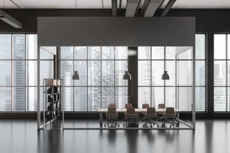 Photo for Interior of contemporary industrial style office hall with gray walls, concrete floor and comfortable meeting room with glass walls and long conference table with chairs. 3d rendering - Royalty Free Image