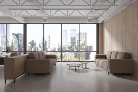 Photo for Cozy business interior with beige sofa and coffee table, light concrete floor. Minimalist soft place in office coworking space with panoramic window on New York. 3D rendering - Royalty Free Image